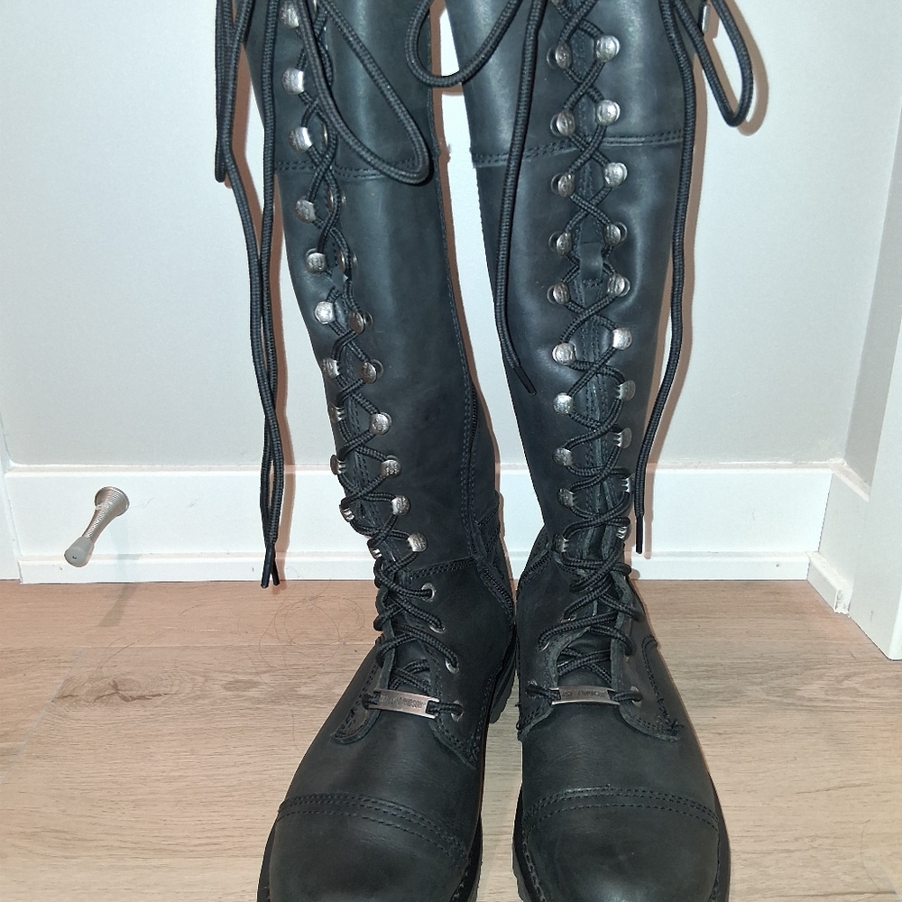 Harley-Davidson Women’s Knee High Leather Biker Boots Lace Up Zip Size 8 - Picture 5 of 9